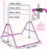 A purple and silver adjustable gymnastics bar for children, with measurements and weight limit indicated. Voir les images du produit