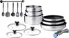 A collection of stainless steel cookware and kitchen utensils arranged on a white background. Produktbild-Vorschau