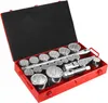 A red metal toolbox opened to reveal a set of silver socket wrenches and extensions. Produktbild-Vorschau