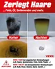 A collage of four images demonstrating the effectiveness of a drain cleaner. The top row shows a glass of hair and dirty water before and after treatment. The bottom row shows a clogged drain and a clear drain after treatment. Produktbild-Vorschau