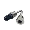 Two stainless steel temperature sensor probes with threaded ends and one with a black cable gland, isolated on a white background. Produktbild-Vorschau