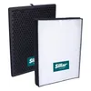 Two air filters for an air purifier, one carbon filter and one HEPA filter, are shown against a white background. The carbon filter is black with a hexagonal pattern, and the HEPA filter is white with a pleated design. Both filters have a green label with  Podgląd zdjęcia produktu