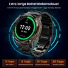 A smartwatch is displayed prominently with text highlighting its battery life and features. The background is a dark, abstract design with blue glowing lines. Produktbild-Vorschau