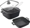 A black deep frying pan with a glass lid and a frying basket, and a separate black grill pan are shown against a white background. Anteprima dell’immagine prodotto