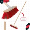 A collage of images showing a broom with a wooden handle and red and green bristles, along with a close-up of the bristles and handle connection, and a separate image of the handle. There are also graphic elements and text overlays. Produktbild-Vorschau