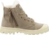 A single brown Palladium winter ankle boot with cream sole and white fur lining, shown from the side against a white background. Produktbild-Vorschau