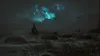 A dark, alien landscape with glowing blue formations in the sky and strange, bulbous objects in the foreground. Produktbild-Vorschau