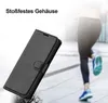 A black flip phone case is shown in the foreground, with a blurred image of a person running in the background. Produktbild-Vorschau