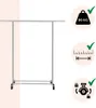 A silver metal garment rack with wheels, presented with illustrative icons indicating weight capacity, adjustability, and lockable wheels. Náhľad obrázku produktu