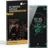 A product packaging box for a screen protector next to a smartphone displaying a clock and a background image. Produktbild-Vorschau