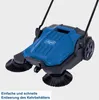A blue and black push sweeper with two large brushes in the front and a wheel in the back, set against a light gray background. Náhľad obrázku produktu