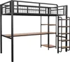 A black metal loft bed with a wooden desk and shelves against a white background. Anteprima dell’immagine prodotto