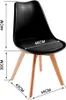 A black chair with wooden legs is shown with dimensions indicated by text and lines. Voir les images du produit