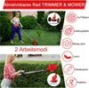 A collage of two scenes showing a woman using a trimmer/mower in a garden and a woman using a hedge trimmer, with feature callouts. Náhled obrázku produktu