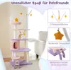 A cat tree with multiple levels and toys, set in a living room with a chair in the background. The image includes inset photos highlighting specific features. Podgląd zdjęcia produktu