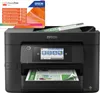 A black Epson WorkForce Pro WF-4825DWF multifunktion printer is shown from the front, with a promotional card and paper in the feeder. Náhled obrázku produktu