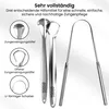 A product shot showcasing three different types of tongue scrapers, with labels and descriptions in German. Produktbild-Vorschau