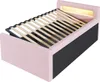 A pink upholstered bed frame with a wooden slatted base and integrated LED lighting in the headboard, shown from a diagonal angle against a white background. Náhľad obrázku produktu
