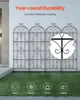 Four black metal trellises are set up in a grassy yard, with a wall behind them. Icons representing different weather conditions are shown at the bottom. Produktbild-Vorschau