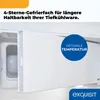 Close-up of the inside of a white refrigerator with the freezer compartment door open, showing a blue circular graphic with text. Produktbild-Vorschau