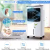 A white air cooler is shown with graphics and text explaining its different modes and wind speeds. Produktbild-Vorschau
