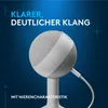 A white table microphone on a stand against a blue gradient background with text. Anteprima dell’immagine prodotto