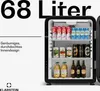 A black mini-fridge filled with drinks, with text overlay describing its features. Produktbild-Vorschau