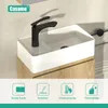 A modern bathroom vanity set with a sink and faucet, featuring icons highlighting product features. Produktbild-Vorschau