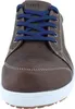 A close-up, front-facing view of a brown Birkenstock shoe with blue laces and a white sole. Produktbild-Vorschau