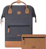 A dark gray backpack with brown leather accents and a separate brown pouch. Produktbild-Vorschau