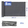 A rolled-up privacy screen with dimensions and a bundle of zip ties. Produktbild-Vorschau