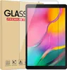A screen protector for a Samsung Galaxy Tab A10.1 2019 is shown next to its packaging. The tablet screen displays a colorful abstract image. Produktbild-Vorschau