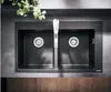 A top-down view of a black double kitchen sink with a silver faucet. Produktbild-Vorschau