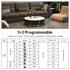 A living room scene with a sofa and coffee table, followed by a table detailing thermostat programming. Náhled obrázku produktu