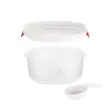 A disassembled microwave rice cooker set including a lid, a bowl with measurement markings, and a scoop, all on a white background. Voir les images du produit