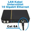 A black electronic device with various ports and a connected network cable, with text overlays. Produktbild-Vorschau