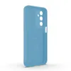 A light blue phone case is shown from the back, angled to the side, on a white background. Produktbild-Vorschau