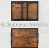 Two views of a wooden tray with black metal accents, one showing the folded legs and the other the tray itself. Text overlay indicates it's a foldable stand. Anteprima dell’immagine prodotto