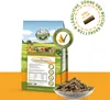 A bag of dog food with a bowl of kibble in the foreground and marketing graphics on the right. Produktbild-Vorschau