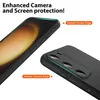 A close-up marketing image showing a black phone case on a white background, highlighting its protective features for the screen and camera. Produktbild-Vorschau