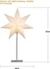 A white star-shaped lamp on a silver stand, with dimensions indicated. Produktbild-Vorschau