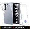 A clear phone case and screen protector are displayed next to a phone. Produktbild-Vorschau