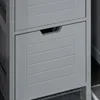 A close-up view of a gray cabinet with two drawers. The top drawer is partially open, revealing a dark interior. The bottom drawer has a slatted design and a recessed handle. Produktbild-Vorschau