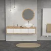 A modern bathroom vanity with a vessel sink, round mirror, and hanging pendant lights. Náhľad obrázku produktu