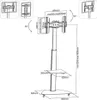 A diagram showing the dimensions and adjustability of a TV stand. Produktbild-Vorschau