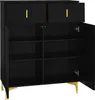 A black sideboard with gold legs and handles, shown with its doors open to reveal shelves. Anteprima dell’immagine prodotto