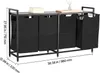 A laundry sorter with four black fabric bins and a wooden top shelf, shown with dimensions indicated by text overlays. Produktbild-Vorschau