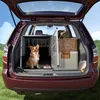 A dog sitting in the back of a car next to a dog crate, with luggage and a basket. Náhľad obrázku produktu