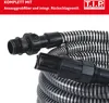 A close-up view of a coiled flexible hose with black and white stripes, featuring black plastic connectors at both ends. One connector has a threaded male end, and the other has a filter attachment. The image is set against a plain white background. Anteprima dell’immagine prodotto
