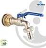 A product shot of a faucet with a blue handle and a brass fitting, set against a white and light gray background with graphic elements. Produktbild-Vorschau